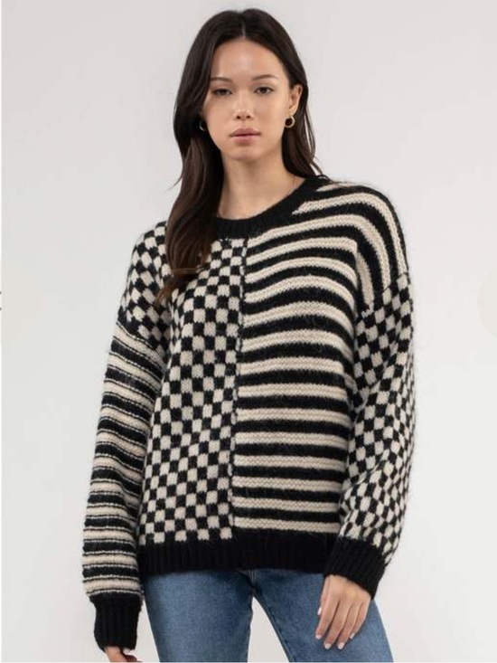 Blu Pepper Sweaters - Blu Pepper Delaney Checkered Striped Chunky Knit Crew Sweater Black Cream M